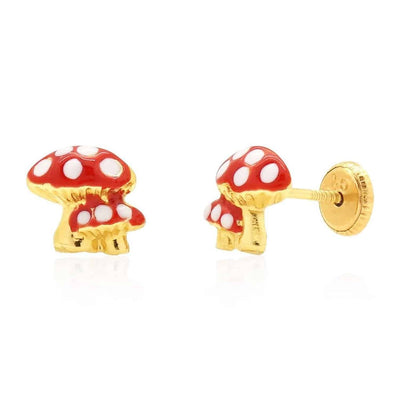 14K Yellow Gold Red Enamel Mini Mushrooms Screw Back Stud Earrings 7mm