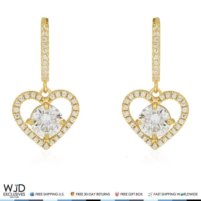 14K Yellow Gold 5Ct CZ Open Heart Huggie Hoop Dangle Earrings