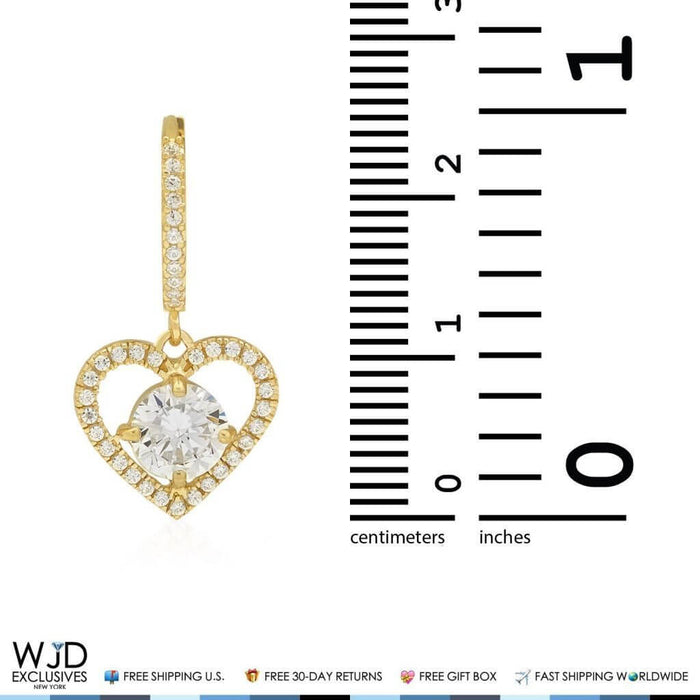 14K Yellow Gold 5Ct CZ Open Heart Huggie Hoop Dangle Earrings