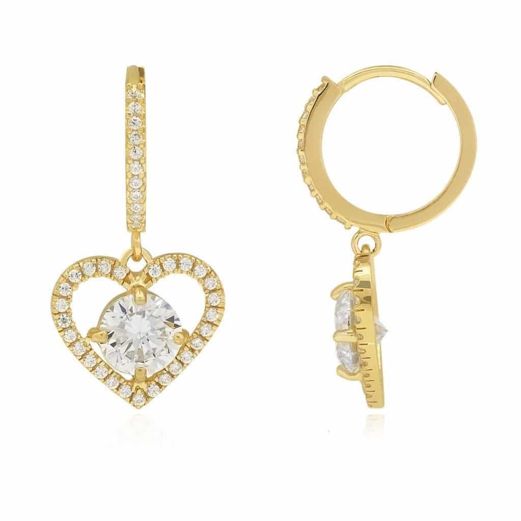 14K Yellow Gold 5Ct CZ Open Heart Huggie Hoop Dangle Earrings