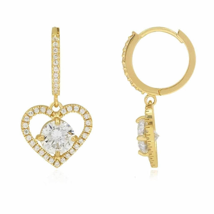 14K Yellow Gold 5Ct CZ Open Heart Huggie Hoop Dangle Earrings