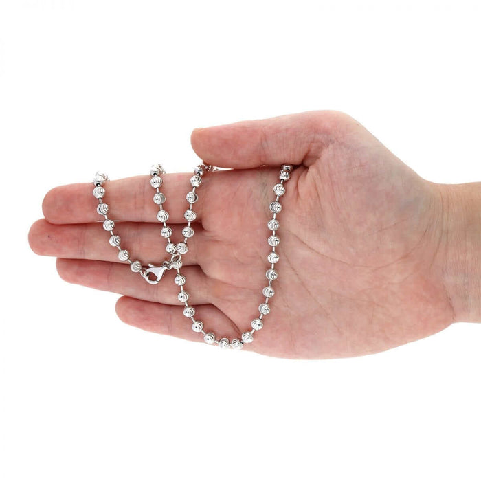 Sterling Silver 4mm 5mm 6mm White Half Moon-Cut Beaded Chain (Solid Links) 18"-30"