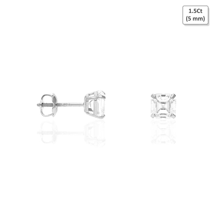 14K White Gold Asscher-Cut CZ Screw Back Stud Earrings 1.5Ct-6Ct