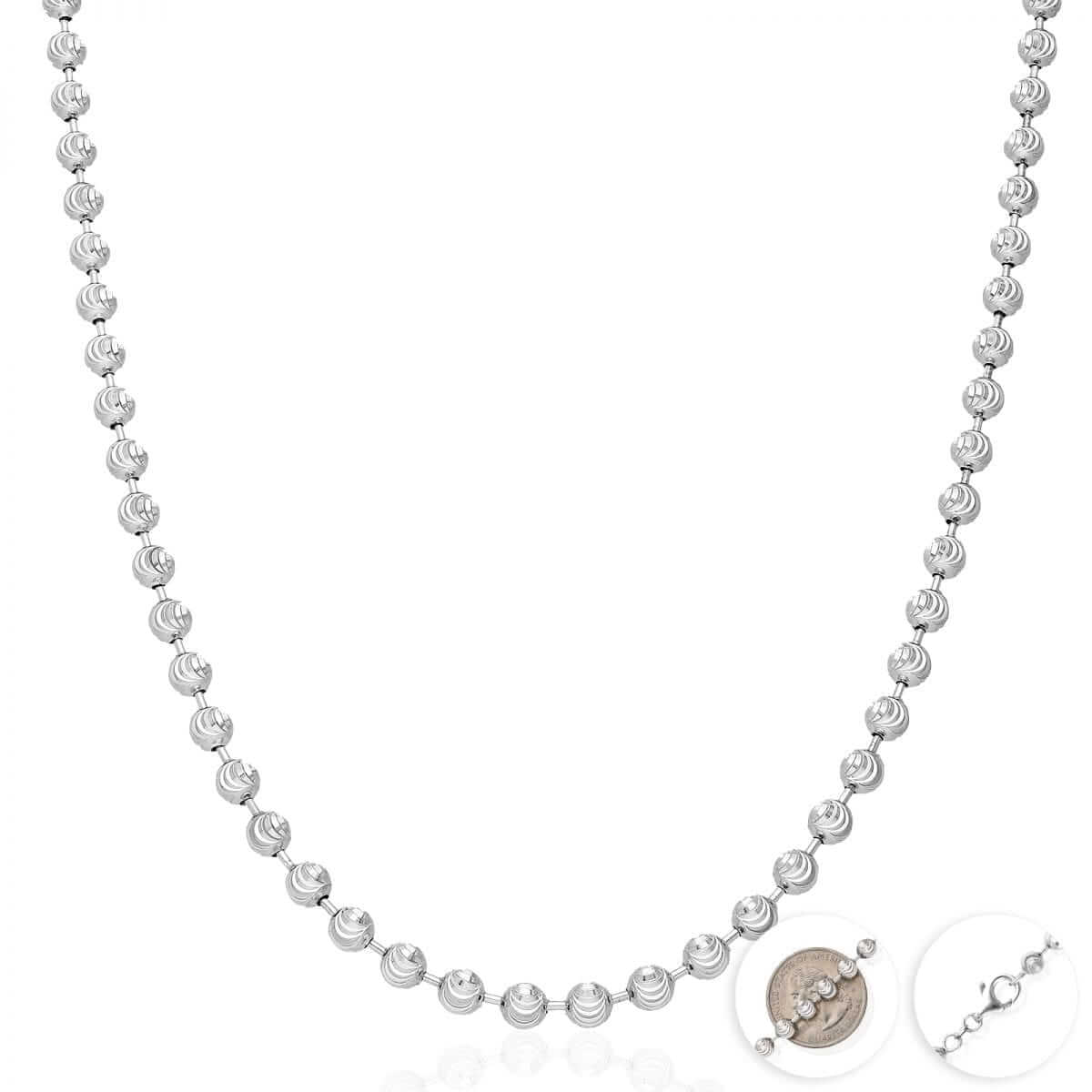 Sterling Silver 4mm 5mm 6mm White Half Moon-Cut Beaded Chain (Solid Links) 18"-30"