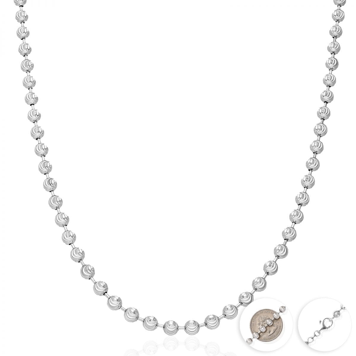925 Silver 4mm 5mm 6mm Unisex White Half Moon Cut Beaded Chain Necklace 18"-30"