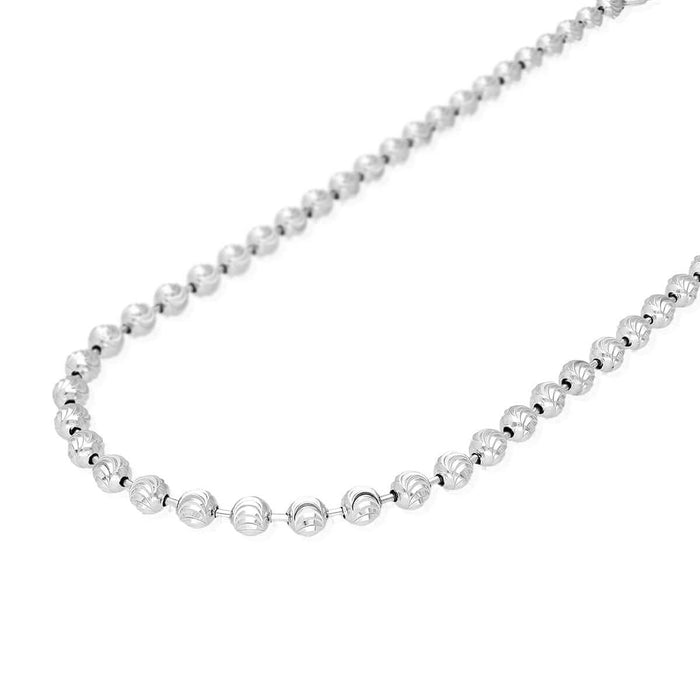 Sterling Silver 4mm 5mm 6mm White Half Moon-Cut Beaded Chain (Solid Links) 18"-30"