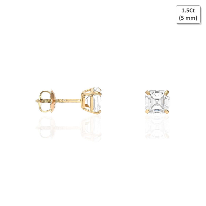 14K Yellow Gold Asscher-Cut CZ Screw Back Stud Earrings 1.5Ct-6Ct