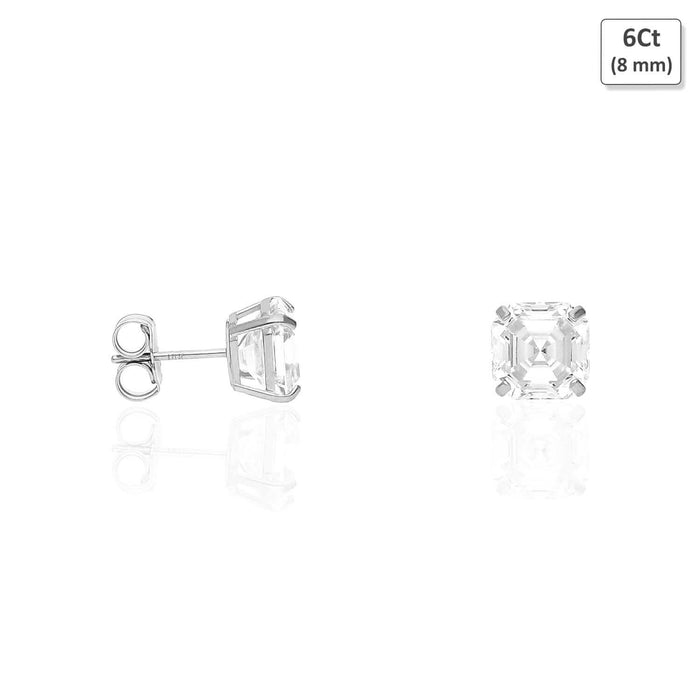 14K White Gold Asscher-Cut CZ Push Back Stud Earrings 1.5Ct-6Ct
