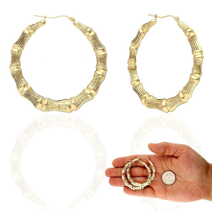 10K Yellow Gold Bamboo Hoop Earrings 17-85mm