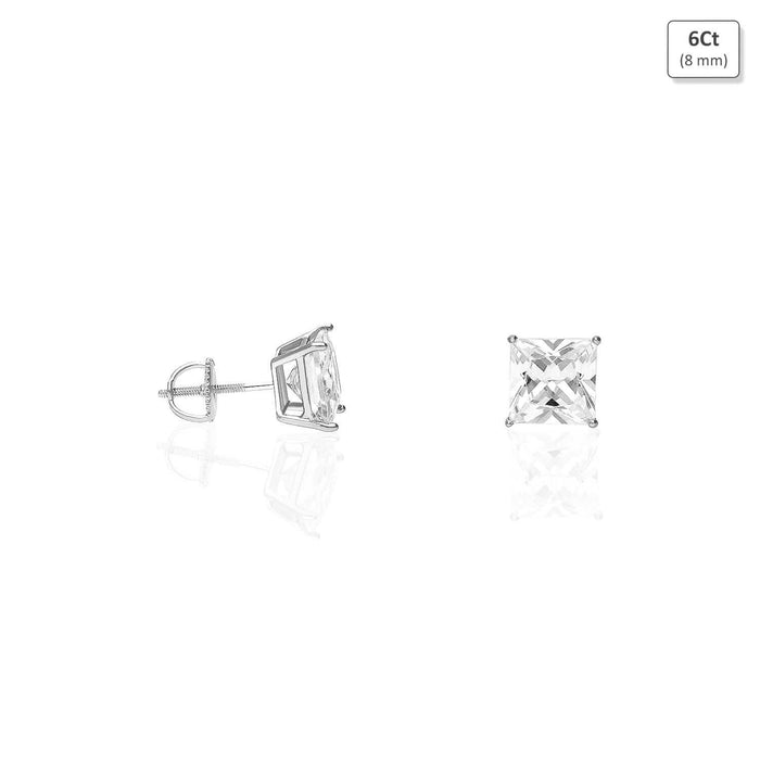 925 Sterling Silver Princess-Cut CZ Solitaire Screw Back Stud Earrings 0.5CT-6CT