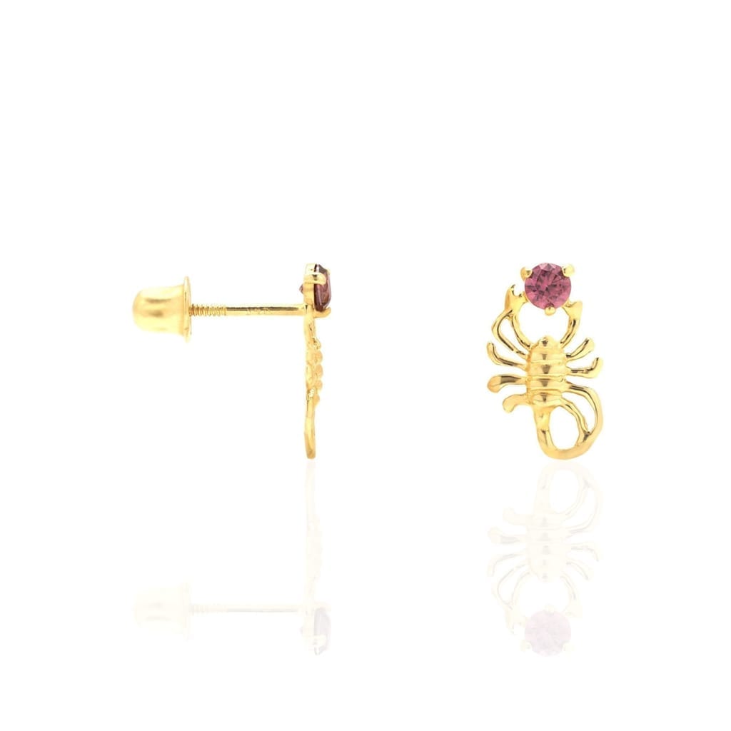 14K Yellow Gold Round Simulated Birthstone Scorpion Screw Back Stud Earrings