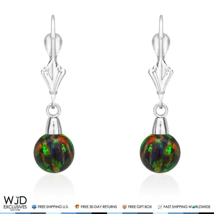 6mm Ball Shaped Black Fire Opal Dangle Leverback Earrings 14K White Gold