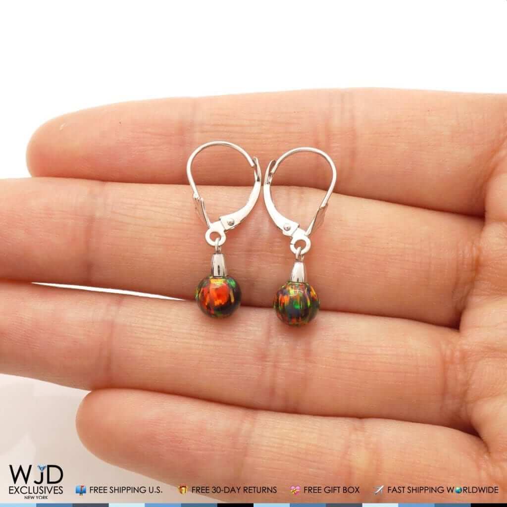 6mm Ball Shaped Black Fire Opal Dangle Leverback Earrings 14K White Gold