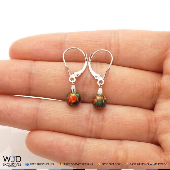 6mm Ball Shaped Black Fire Opal Dangle Leverback Earrings 14K White Gold