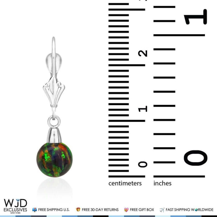 6mm Ball Shaped Black Fire Opal Dangle Leverback Earrings 14K White Gold