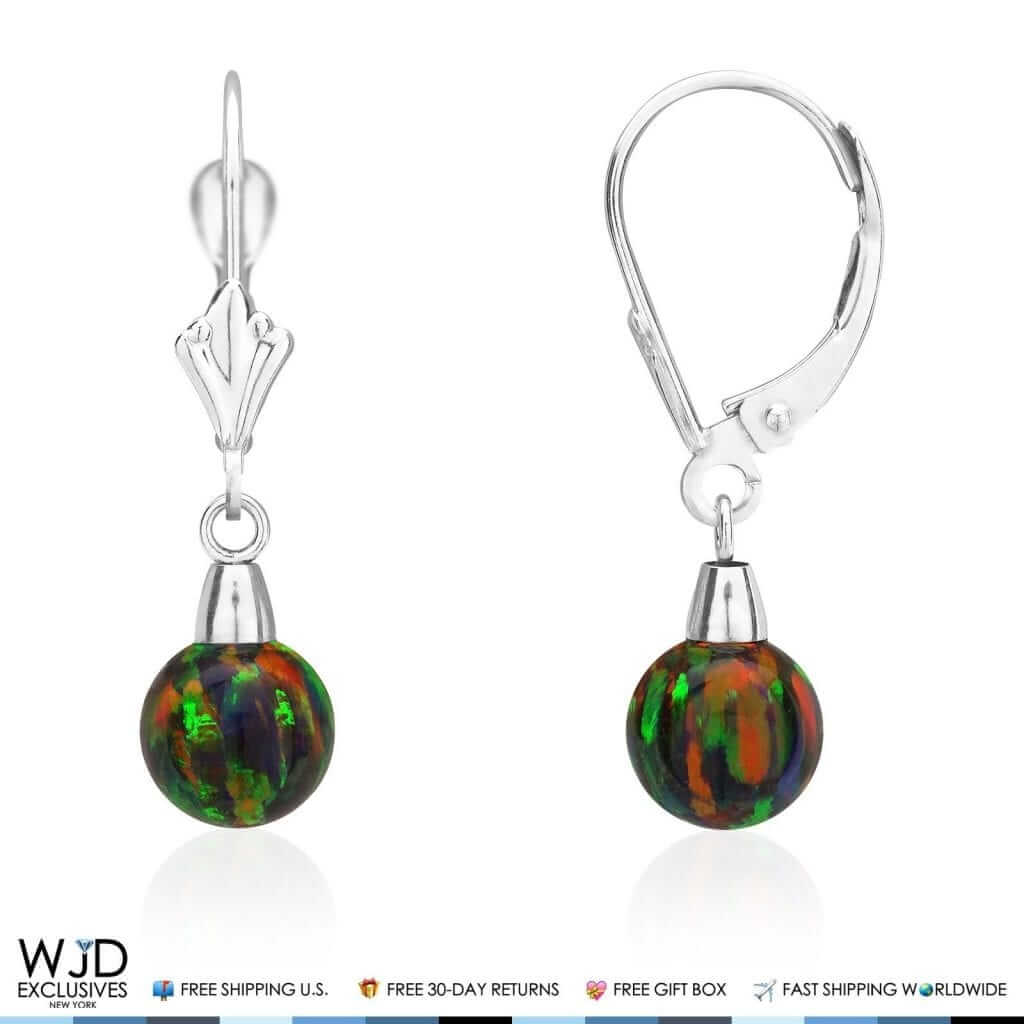 6mm Ball Shaped Black Fire Opal Dangle Leverback Earrings 14K White Gold