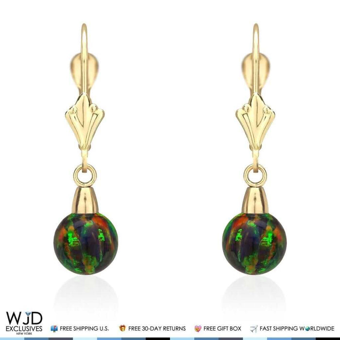6mm-10mm Ball Shaped Black Fire Opal Dangle Leverback Earrings 14K Yellow Gold