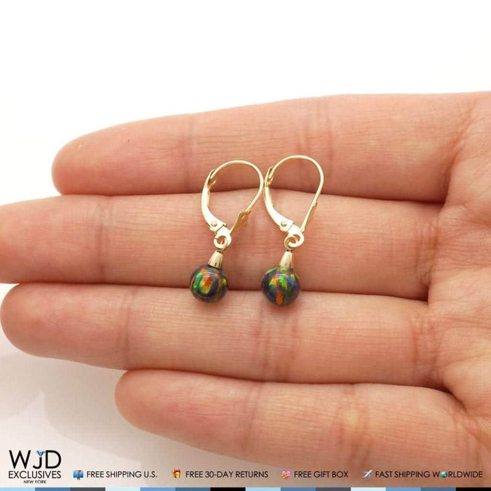 6mm-10mm Ball Shaped Black Fire Opal Dangle Leverback Earrings 14K Yellow Gold