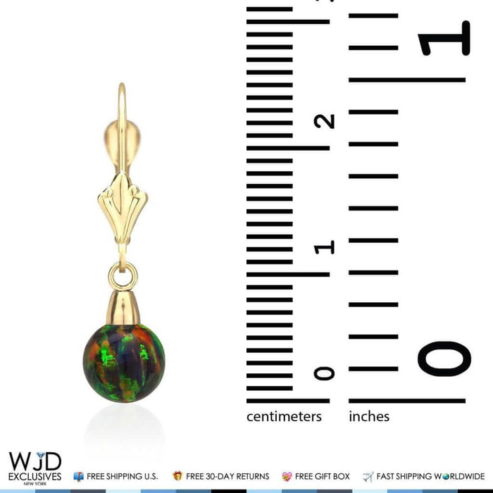 6mm-10mm Ball Shaped Black Fire Opal Dangle Leverback Earrings 14K Yellow Gold