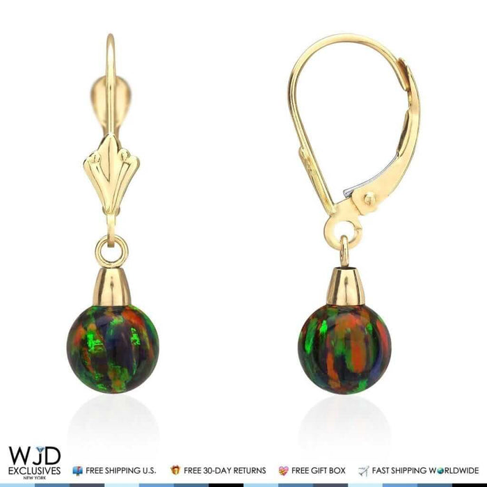 6mm-10mm Ball Shaped Black Fire Opal Dangle Leverback Earrings 14K Yellow Gold