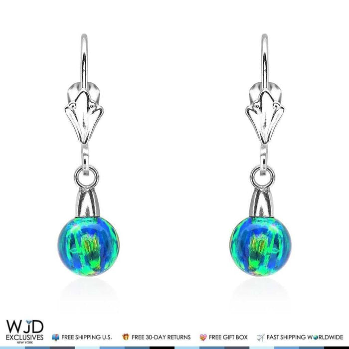 6mm-10mm Ball Blue Green Fire Opal Leverback Dangle Earrings 14K White Gold