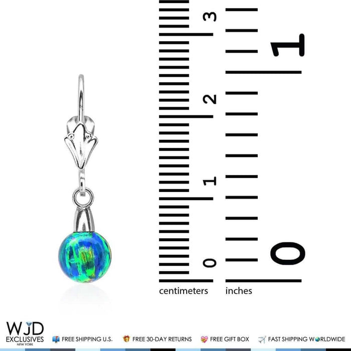 6mm-10mm Ball Blue Green Fire Opal Leverback Dangle Earrings 14K White Gold