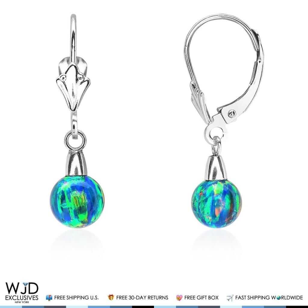 6mm-10mm Ball Blue Green Fire Opal Leverback Dangle Earrings 14K White Gold