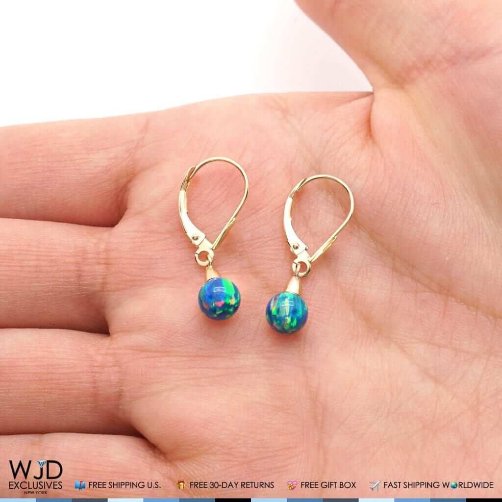 6mm Ball Shaped Blue Green Fire Opal Leverback Dangle Earrings 14K Yellow Gold