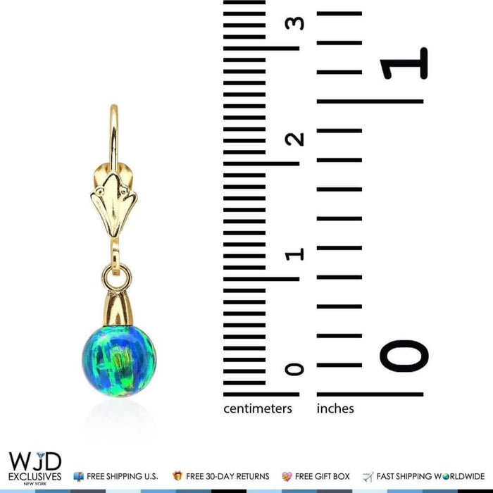 6mm Ball Shaped Blue Green Fire Opal Leverback Dangle Earrings 14K Yellow Gold
