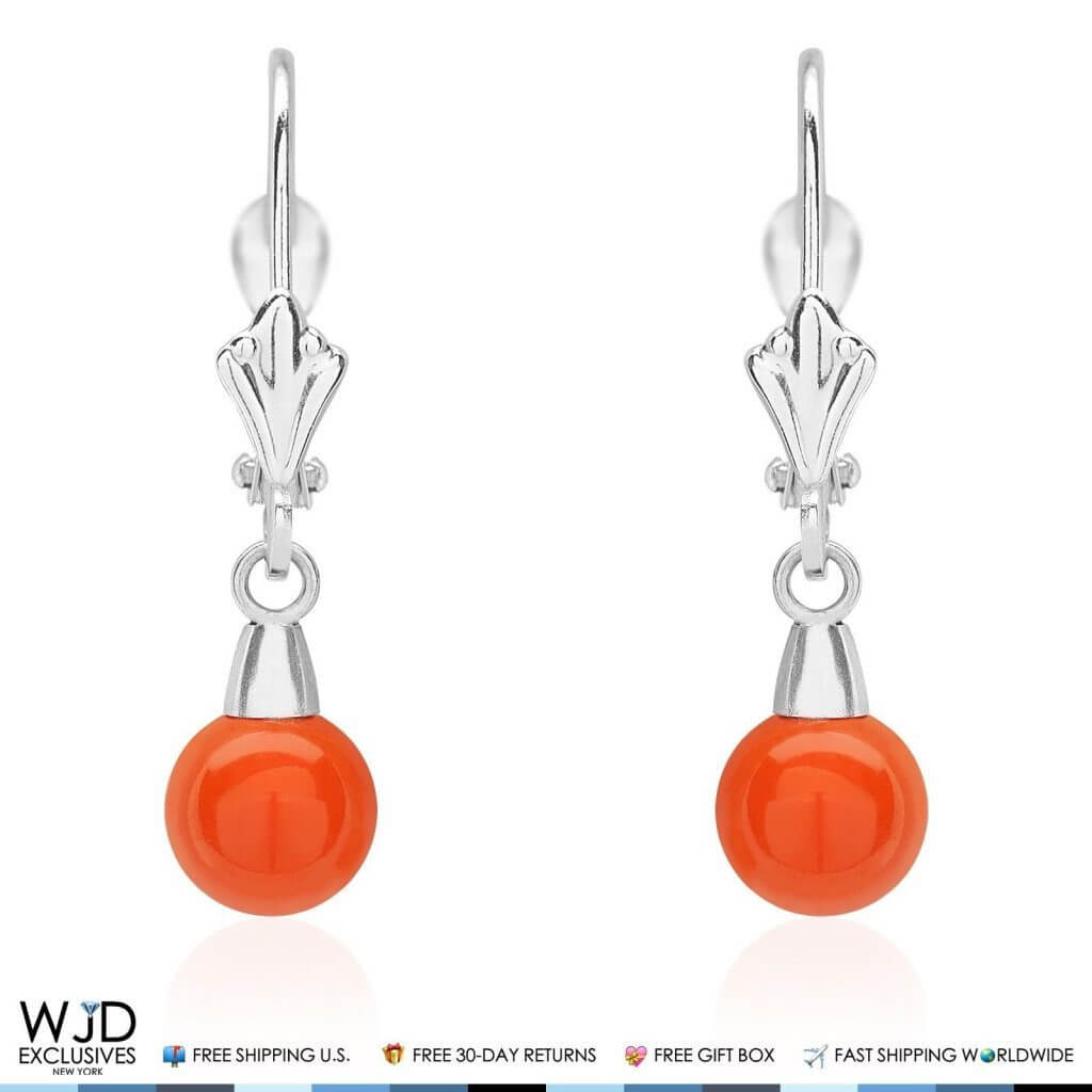 6mm Ball Shaped Orange Coral Leverback Dangle Earrings 14K White Gold 1"