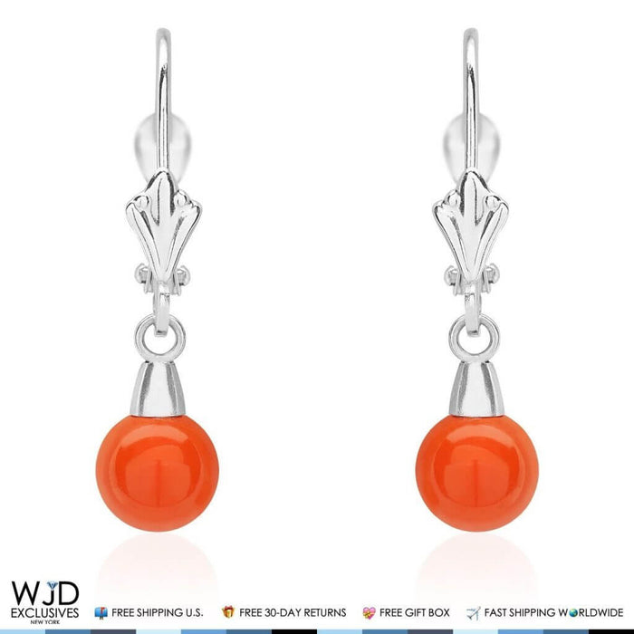6mm Ball Shaped Orange Coral Leverback Dangle Earrings 14K White Gold 1"