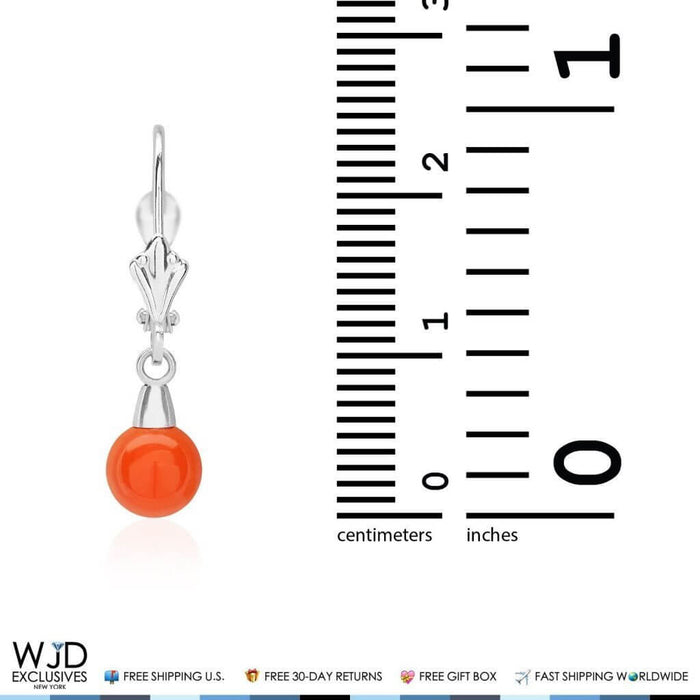 6mm Ball Shaped Orange Coral Leverback Dangle Earrings 14K White Gold 1"