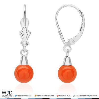 6mm Ball Shaped Orange Coral Leverback Dangle Earrings 14K White Gold 1"