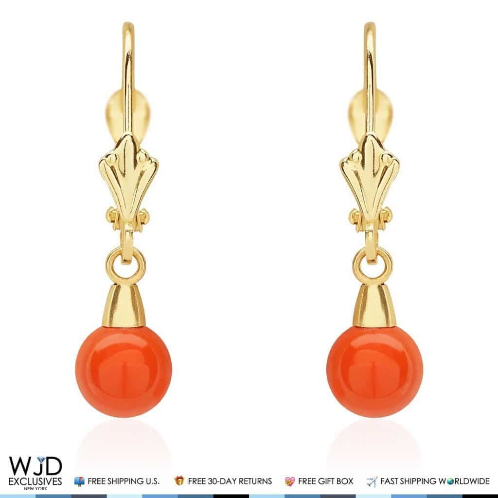 6mm Ball Shaped Orange Coral Leverback Dangle Earrings 14K Yellow Gold 1"
