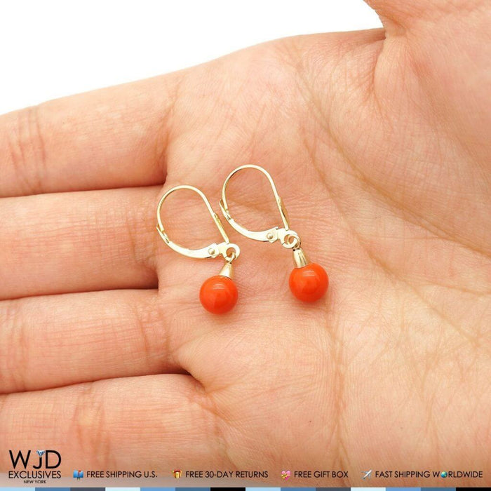 6mm Ball Shaped Orange Coral Leverback Dangle Earrings 14K Yellow Gold 1"