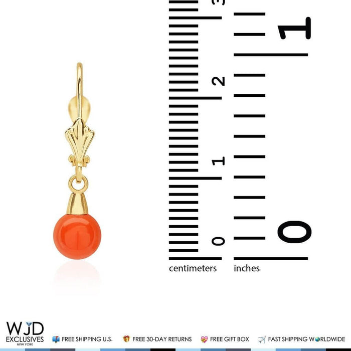6mm Ball Shaped Orange Coral Leverback Dangle Earrings 14K Yellow Gold 1"