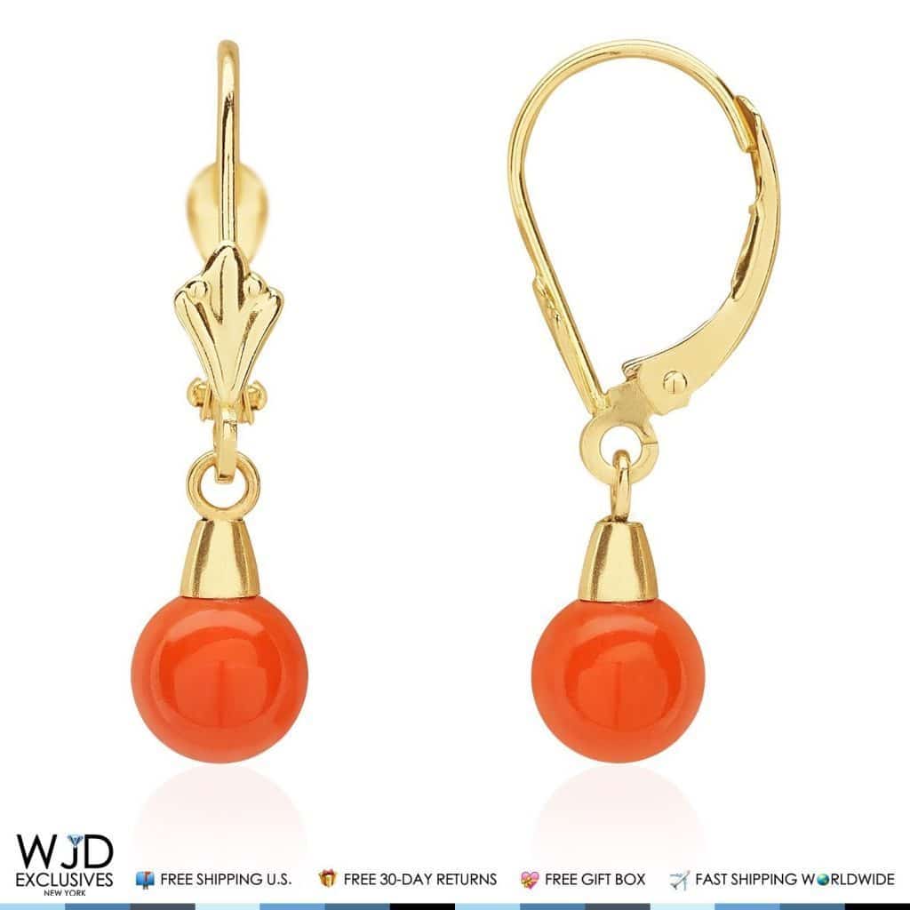 6mm Ball Shaped Orange Coral Leverback Dangle Earrings 14K Yellow Gold 1"