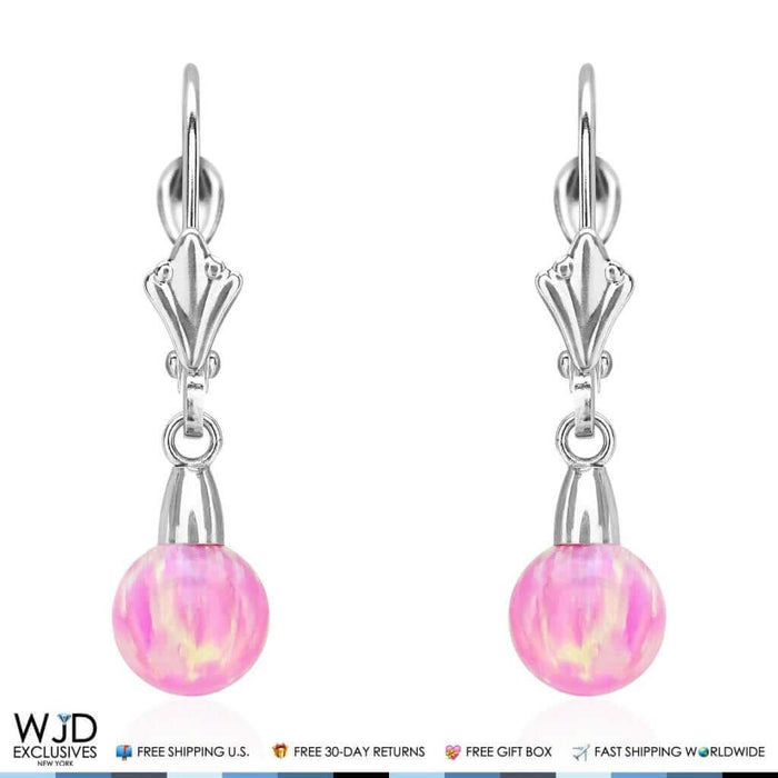6mm-10mm Ball Shaped Pink Fire Opal Leverback Dangle Earrings 14K White Gold