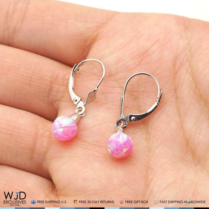 6mm-10mm Ball Shaped Pink Fire Opal Leverback Dangle Earrings 14K White Gold