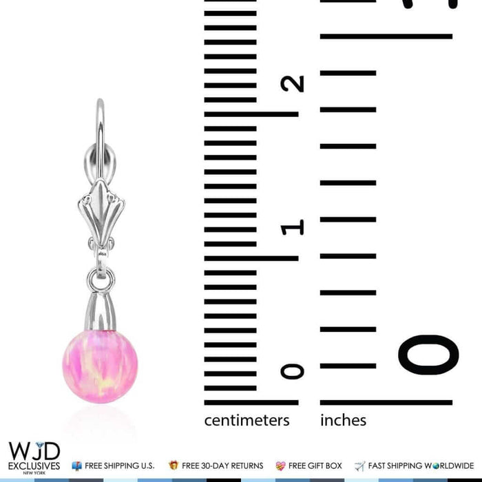 6mm-10mm Ball Shaped Pink Fire Opal Leverback Dangle Earrings 14K White Gold