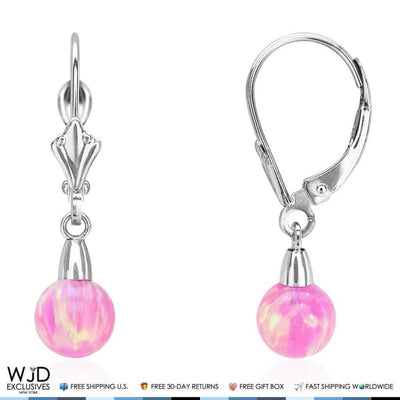 6mm-10mm Ball Shaped Pink Fire Opal Leverback Dangle Earrings 14K White Gold