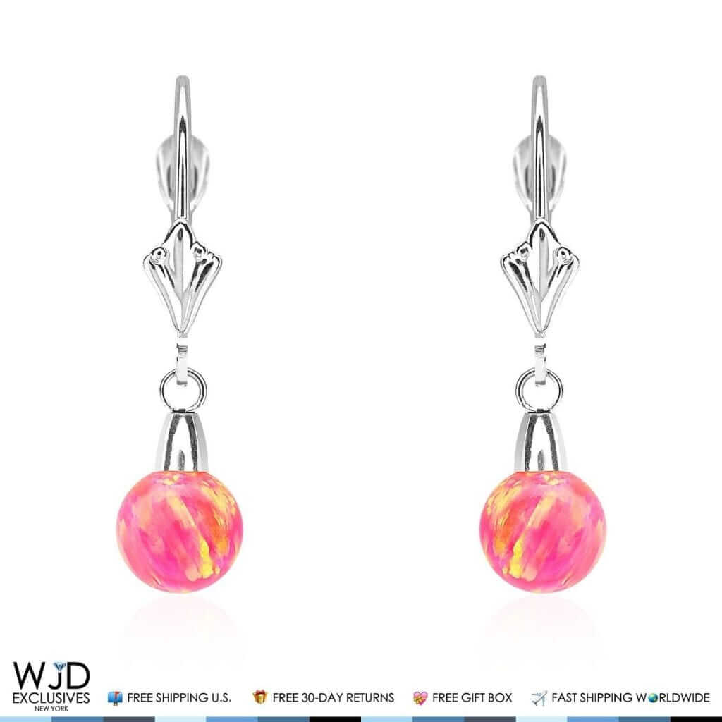 6mm-10mm Ball Peach Pink Fire Opal Leverback Dangle Earrings 14K White Gold