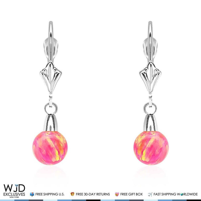 6mm-10mm Ball Peach Pink Fire Opal Leverback Dangle Earrings 14K White Gold