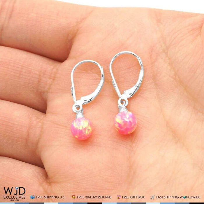 6mm-10mm Ball Peach Pink Fire Opal Leverback Dangle Earrings 14K White Gold