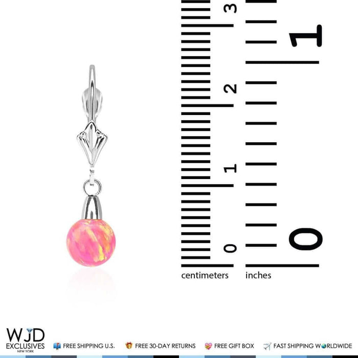 6mm-10mm Ball Peach Pink Fire Opal Leverback Dangle Earrings 14K White Gold