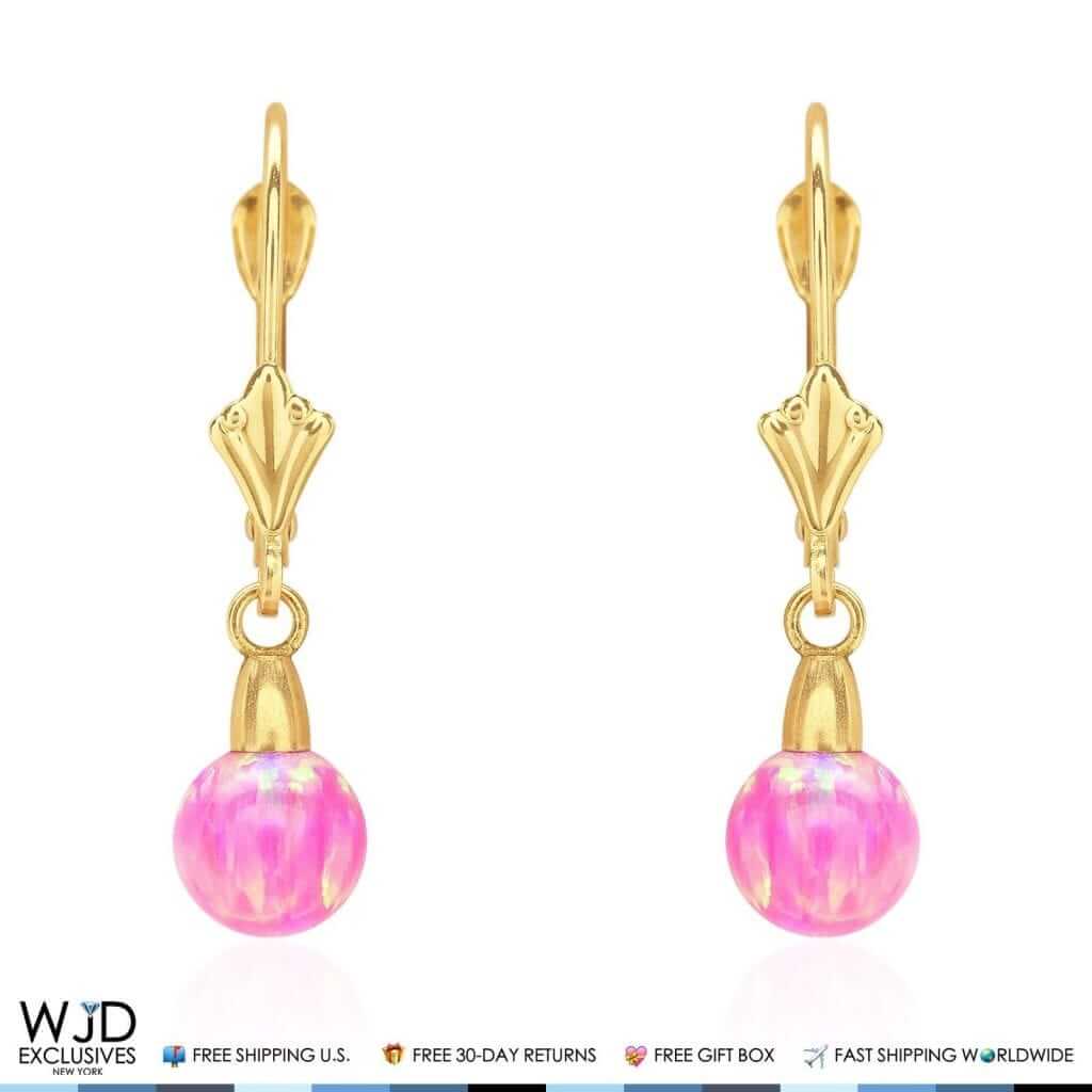 6mm-10mm Ball Shaped Pink Fire Opal Leverback Dangle Earrings 14K Yellow Gold
