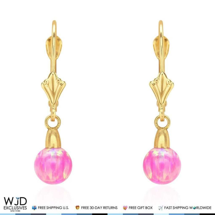 6mm-10mm Ball Shaped Pink Fire Opal Leverback Dangle Earrings 14K Yellow Gold