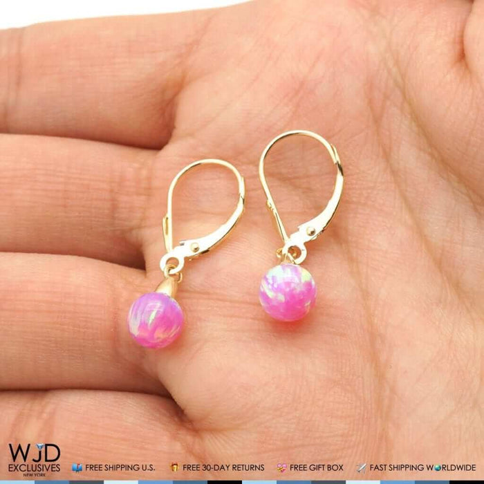 6mm-10mm Ball Shaped Pink Fire Opal Leverback Dangle Earrings 14K Yellow Gold