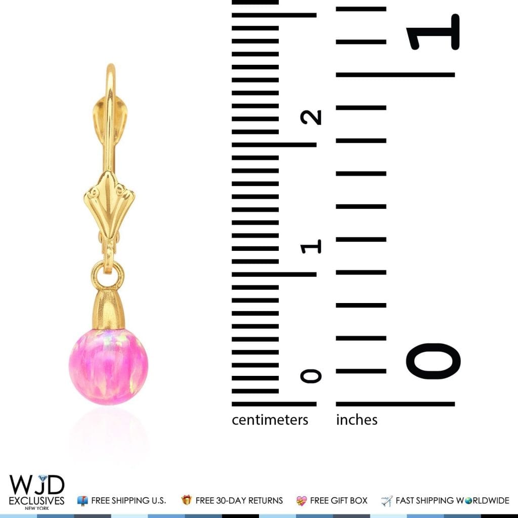 6mm-10mm Ball Shaped Pink Fire Opal Leverback Dangle Earrings 14K Yellow Gold