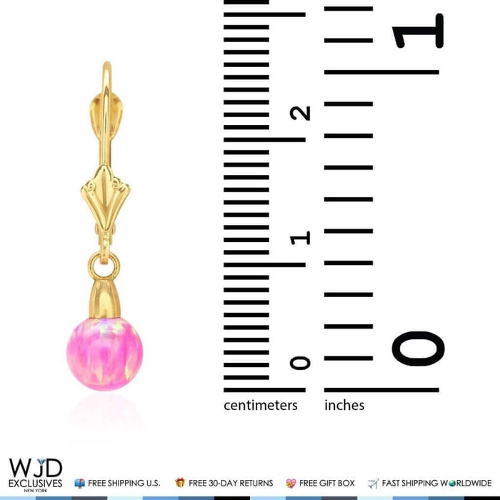 6mm-10mm Ball Shaped Pink Fire Opal Leverback Dangle Earrings 14K Yellow Gold